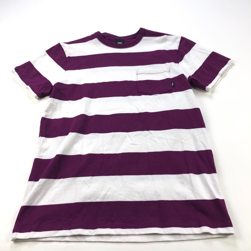 Vans Medium Short Sleeve Pullover Casual Tee Shirt Purple Plum Striped MINT